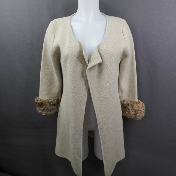 Womens Cardigan Sweater Small Beige Old Money Quiet Luxury Rabbit Fur Trim Glam - Picture 1 of 12